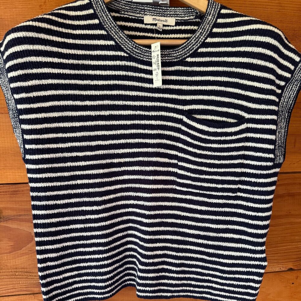 Madewelll Navy & White Strip Sleeveless Sweater